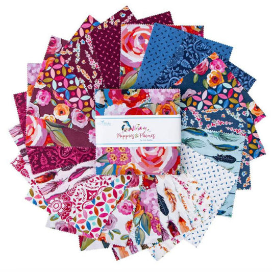 Poppies and Plumes Stacker - 5 x 5 in 42 pcs precut  fabric by Lila Tueller for Riley Blake Designs.  100% cotton precut, digitally printed fabric.