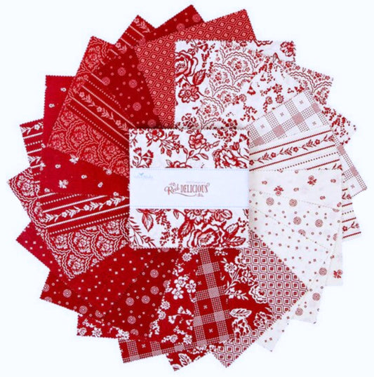 Red Delicious Stacker - from The Red Delicious Collection by Riley Blake Designs - 5-15660 - Includes 42 pcs. 5 x 5" precut charm pack -100% cotton fabric, digitally printed. Includes the complete Red Delicious Collection, each fabric is included 2 times, see the first picture for the fabric selections.