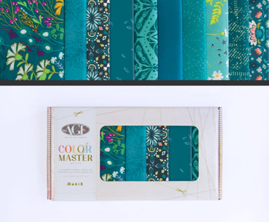 Curated Bundle - Color Master - No. 8 Teal Thoughts - 10 pc. Fat Quarter Bundle in a boxed set. Art Gallery Fabrics, 100% quilting cotton in a range of teal colored prints.