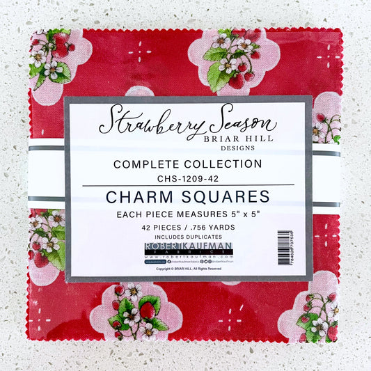 Strawberry Season Charm Pack by Briar Hill Designs for Wishwell Fabrics - 42 pc complete collection of Strawberry themed and floral fabrics. 100% Cotton, digitally printed.