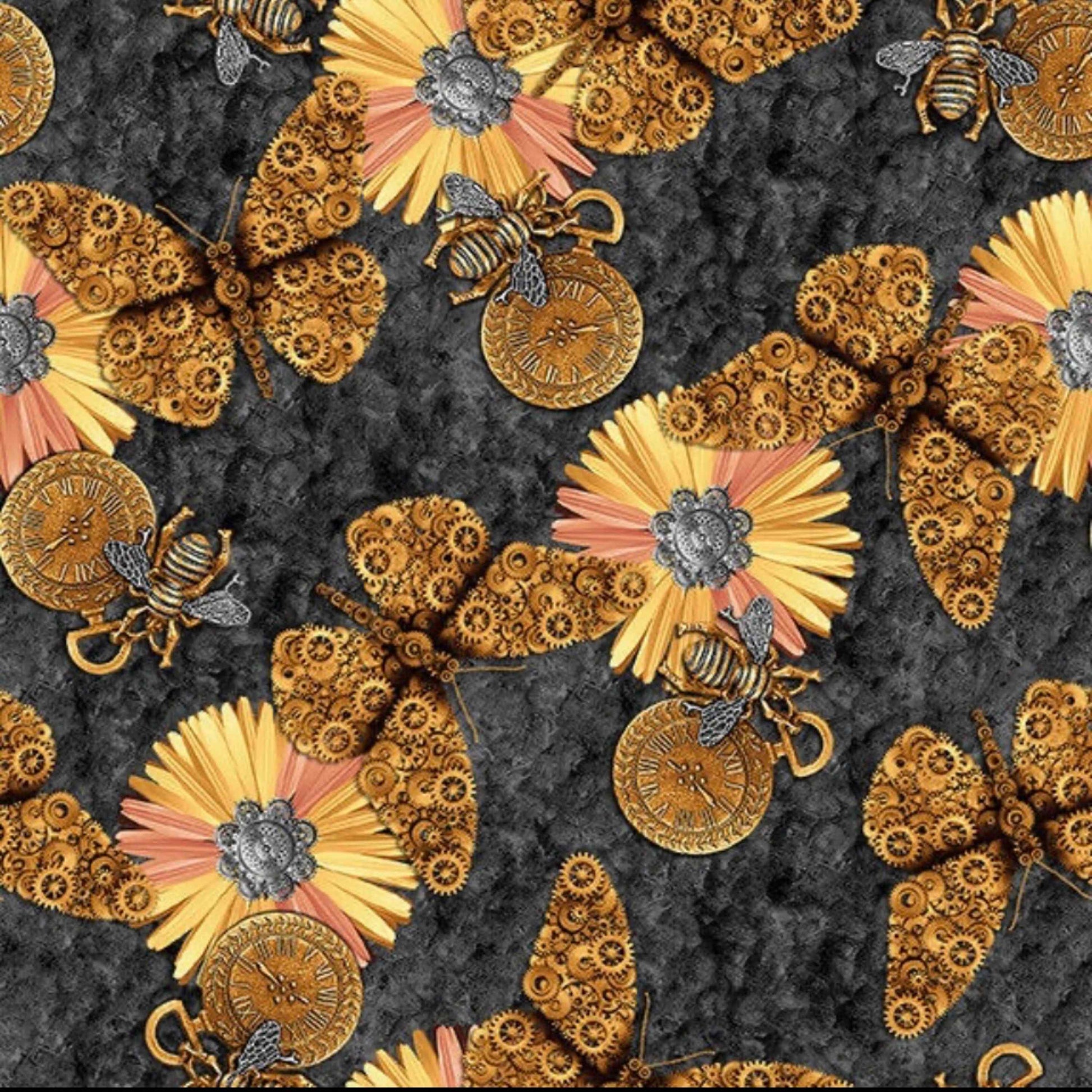 Alternative Age Butterflies and Bees Steampunk Inspired Cotton Fabric