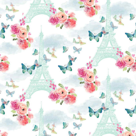 Fabric By The Yard - Eiffel Tower with Flowers and Butterflies - 1679-01