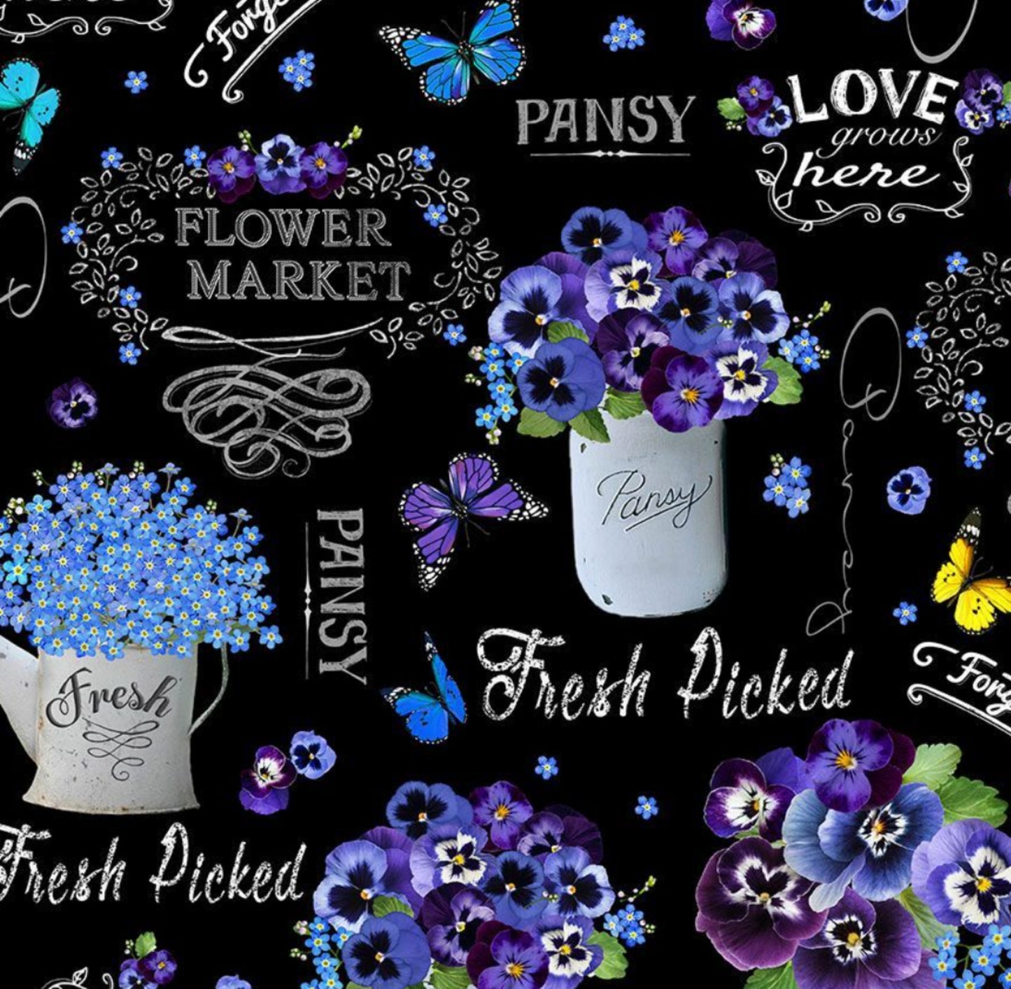 Pansy Vase and Words - Pansy Paradise - CD1890 - TTFabrics