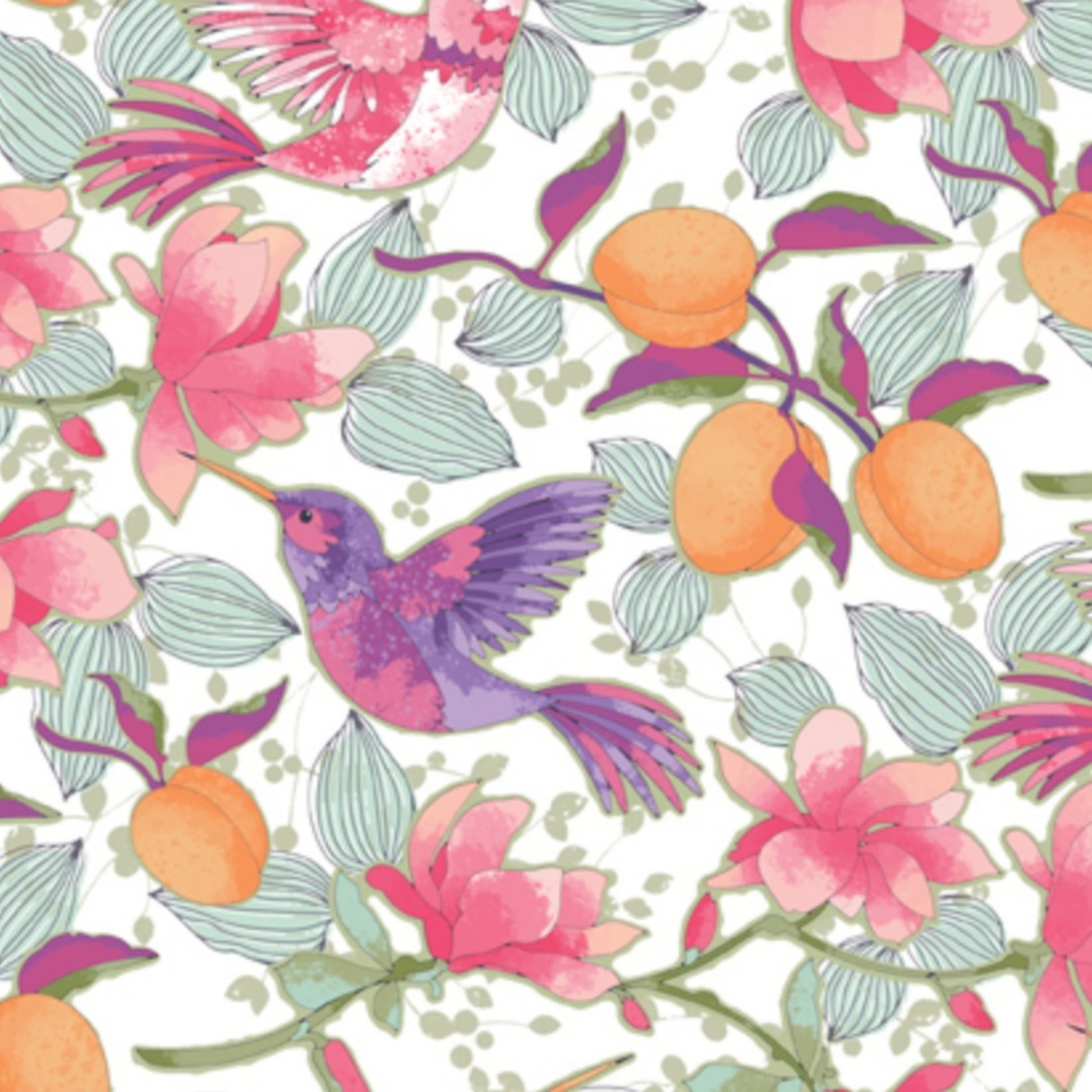 Hummingbird Floral Fabric - Apricot Grove Collection QT Fabrics
