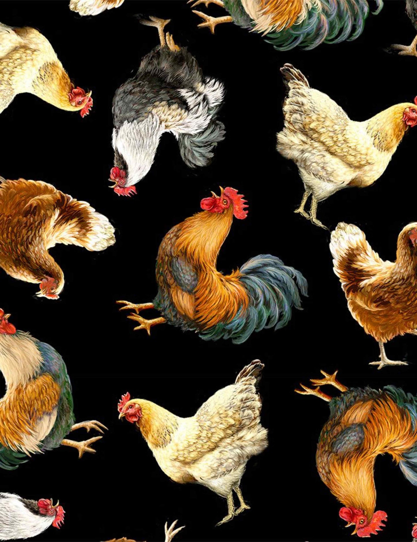 Fabric By The Yard - Tossed Chickens - DONA-C8339 - Black - Timeless Treasures