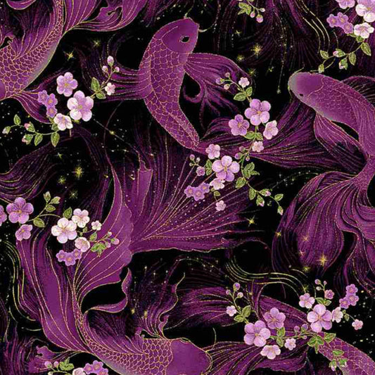 Fabric By The Yard - Purple Koi Fish - Majestic Collection - Purple Metallic - FISH-CM8814 - Timeless Treasures
