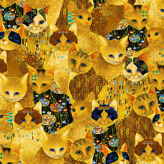 Golden Bejeweled Cats from the Cleo Collection by Chong A Hwang for Timeless Treasures Fabrics