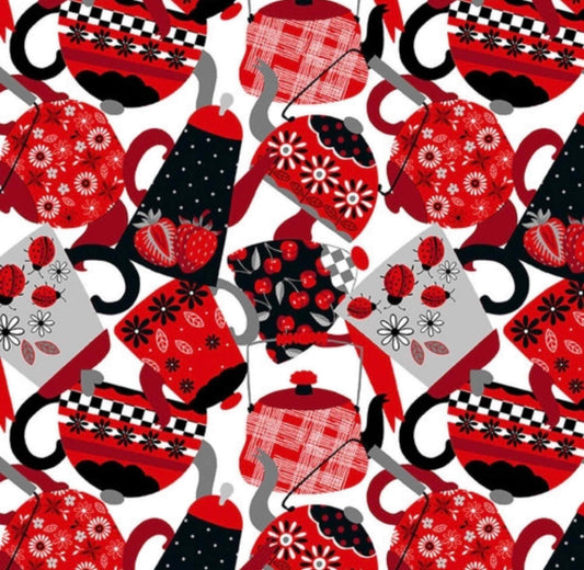 Fabric By The Yard - Tossed Teapots Letspartea 2381-01 - Blank Quilting