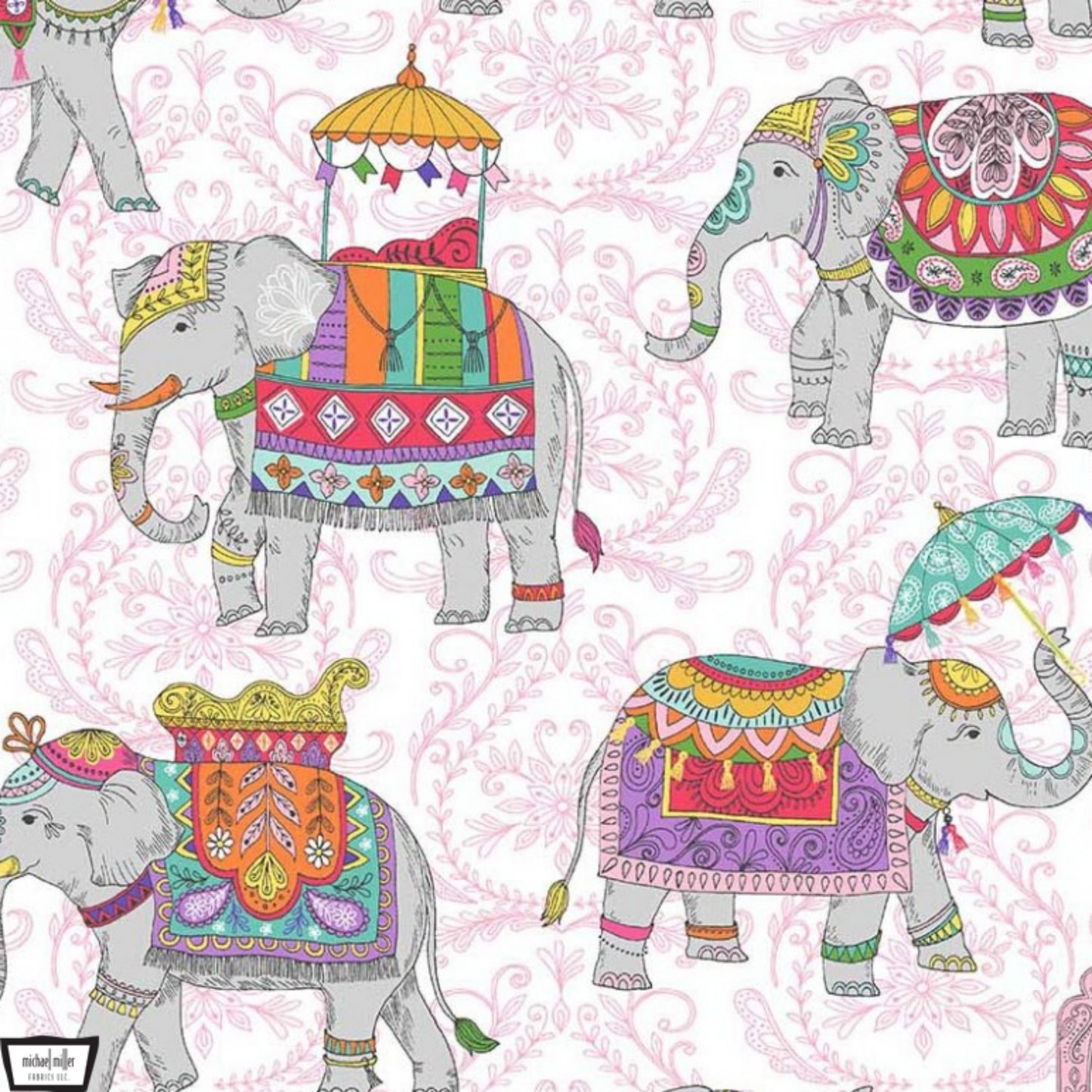 Fabric By the Yard - Royal Elephants - Elephant Cavalcade Collection - CX10792-Pink-D - Michael Miller