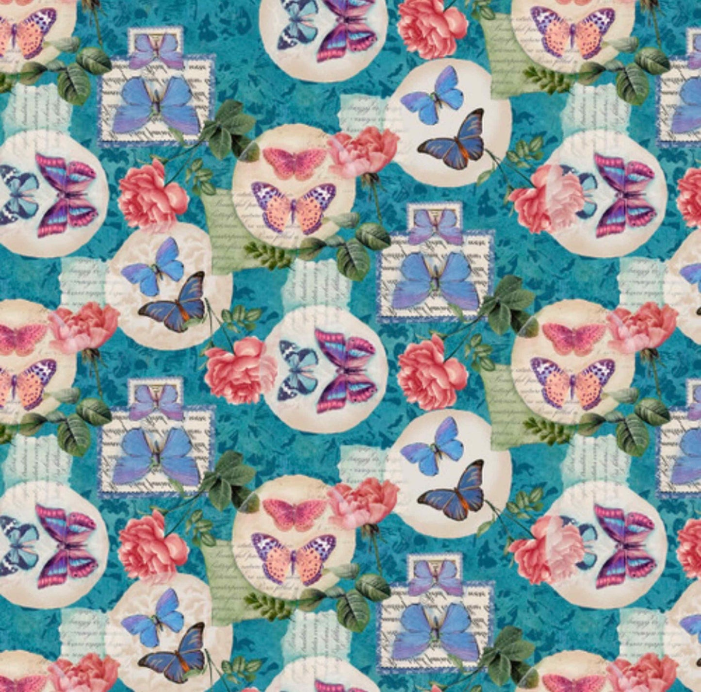 Fabric By The Yard - Victoria, Butterfly and Floral Stamp | 2435-76 Teal | Blank Quilting