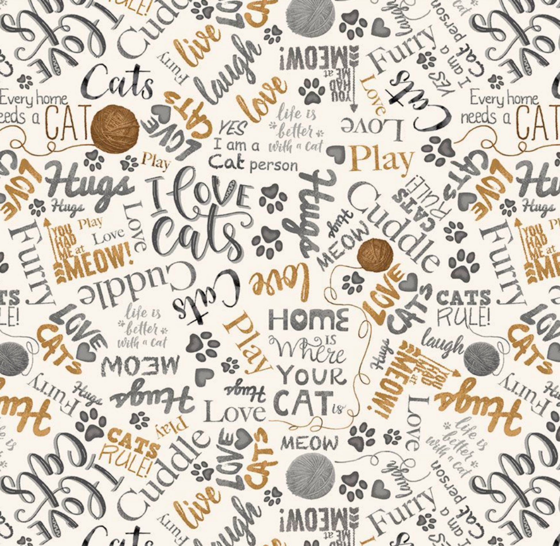 Ball of Yarn and Text Fabric from the You Had Me at Meow Collection by Timeless Treasures.