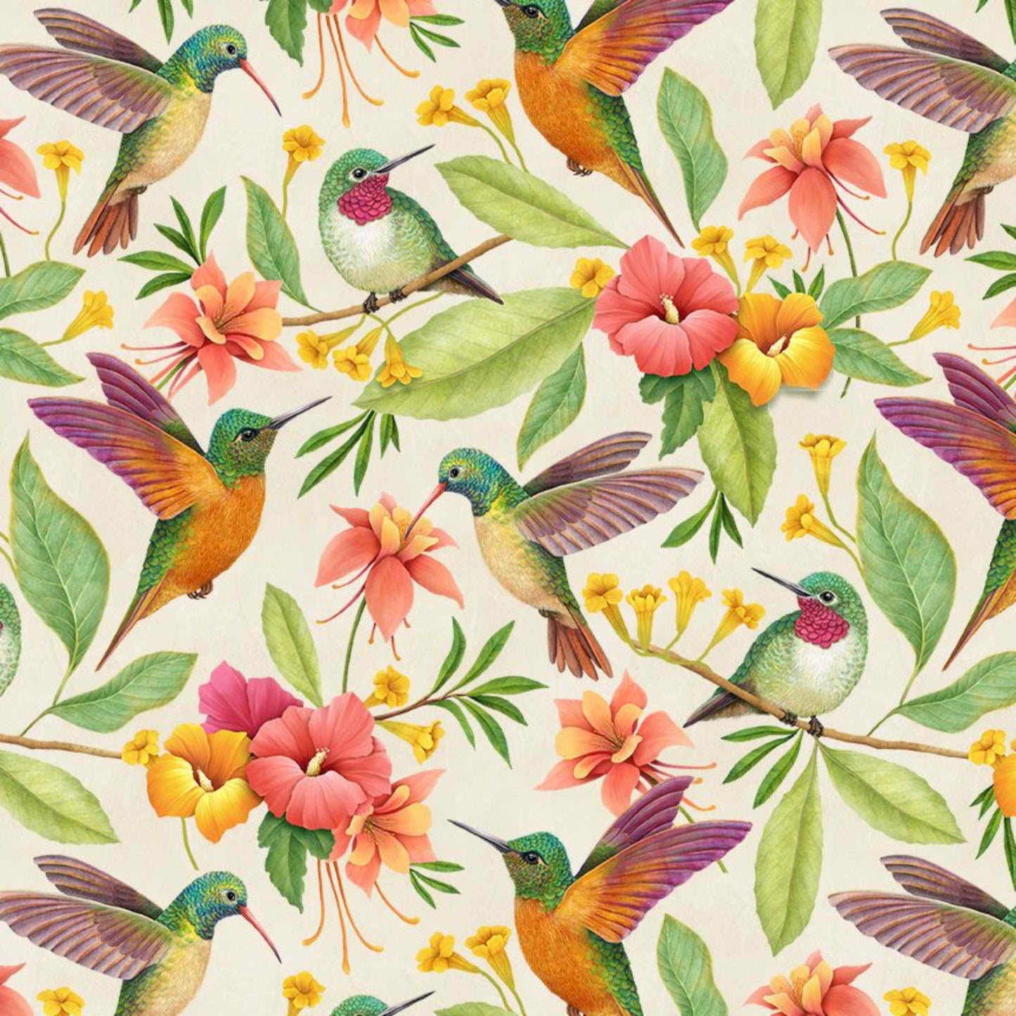 Fabric By The Yard - Hummingbird and Tropical Florals - ROSIE-CD1915 - Timeless Treasures