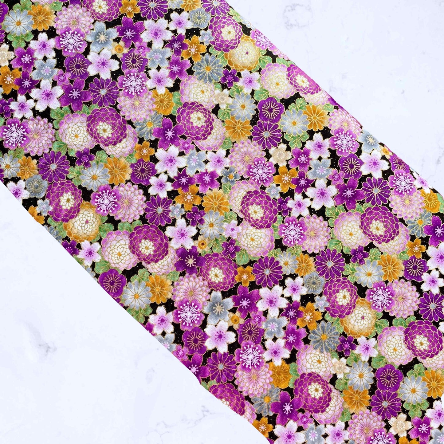 Fabric By The Yard - Packed Japanese Purple Florals - Majestic Collection - Purple Metallic - FLEUR-CM8812 - Timeless Treasures