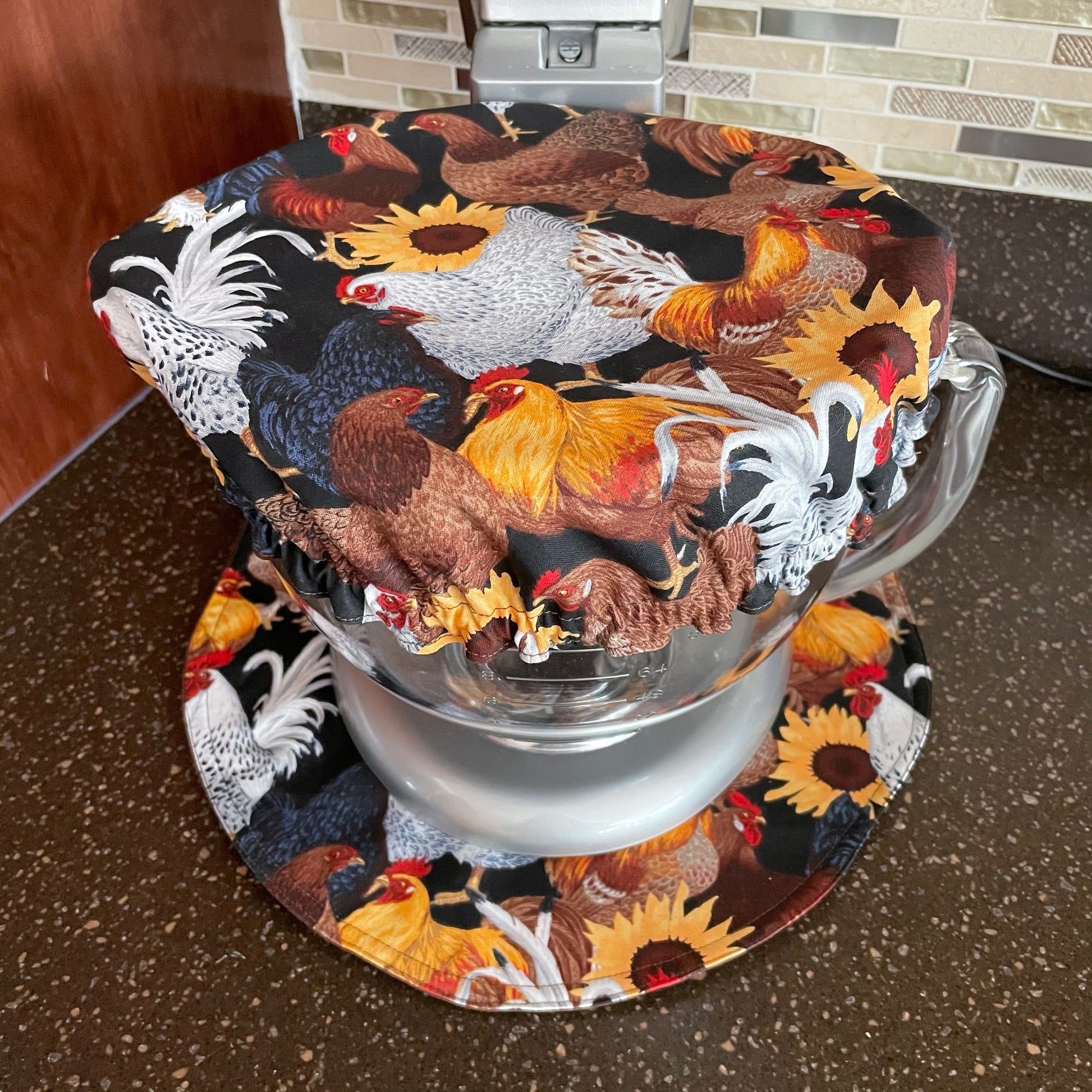 Stand Mixer Slider Mat and Glass Bowl with Mixer Bowl Cover, Roosters and Sunflowers